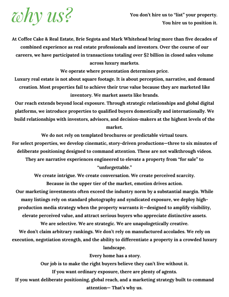 Real estate brochure page titled "Why us?